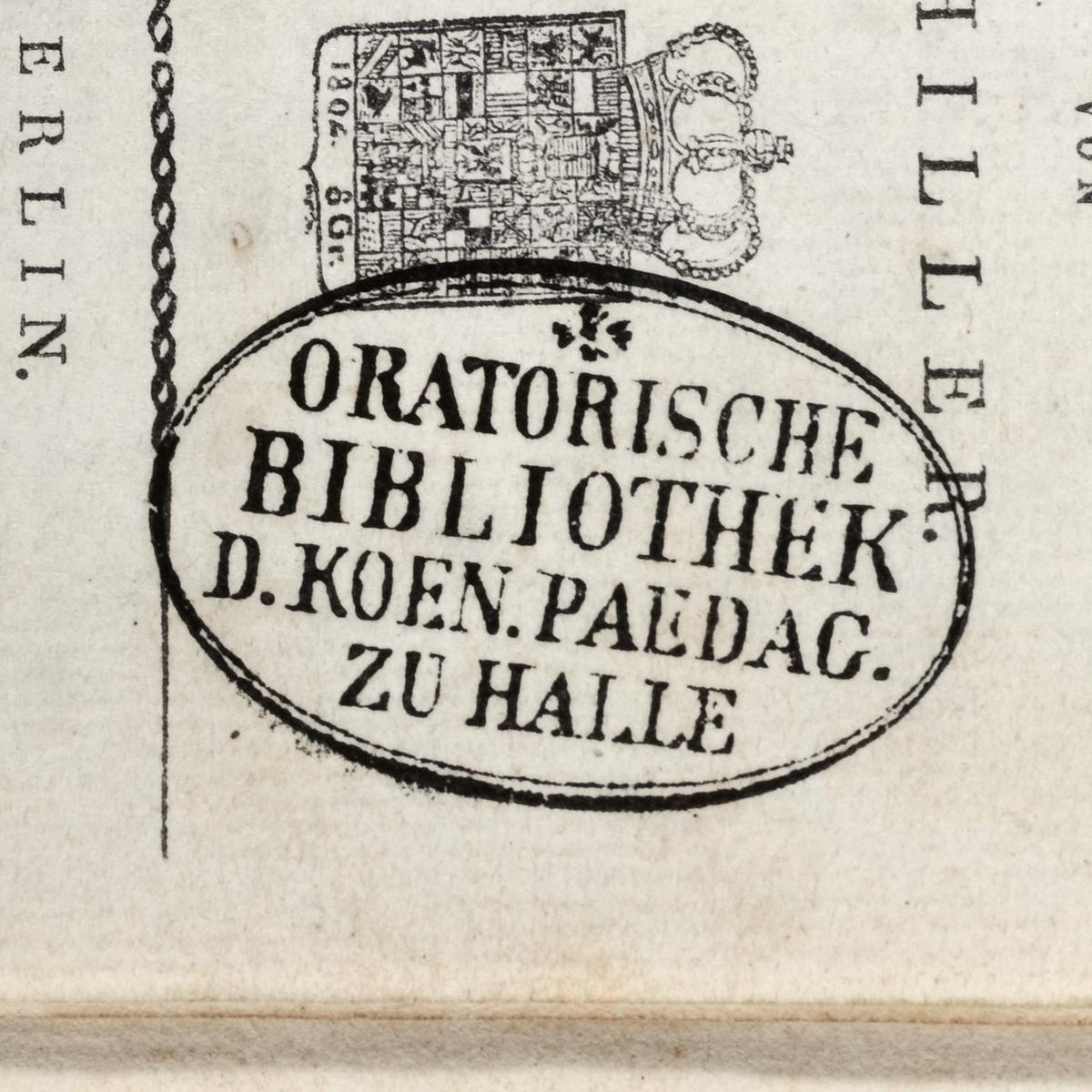 Die Abbildung zeigt ein Detail des Titelblatts. Dort ist der Stempel der sogenannten "Oratorischen Bibliothek" zu sehen.