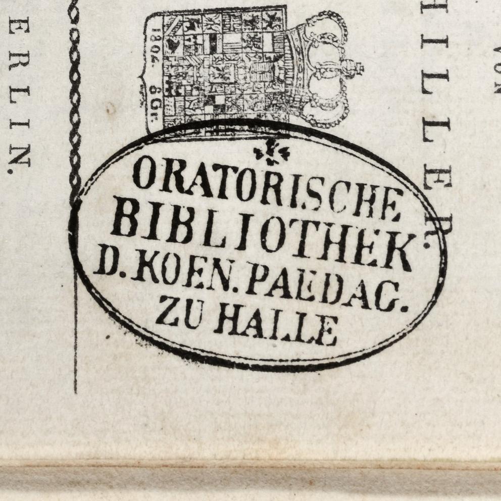Die Abbildung zeigt ein Detail des Titelblatts. Dort ist der Stempel der sogenannten "Oratorischen Bibliothek" zu sehen.