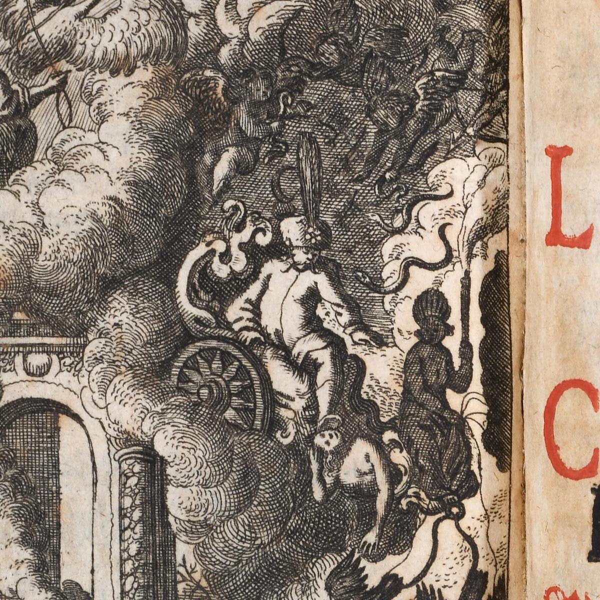 Detail des Frontispiz. Ibrahim Sultan fährt Richtung Hölle, umgeben von Rauchschwaden.