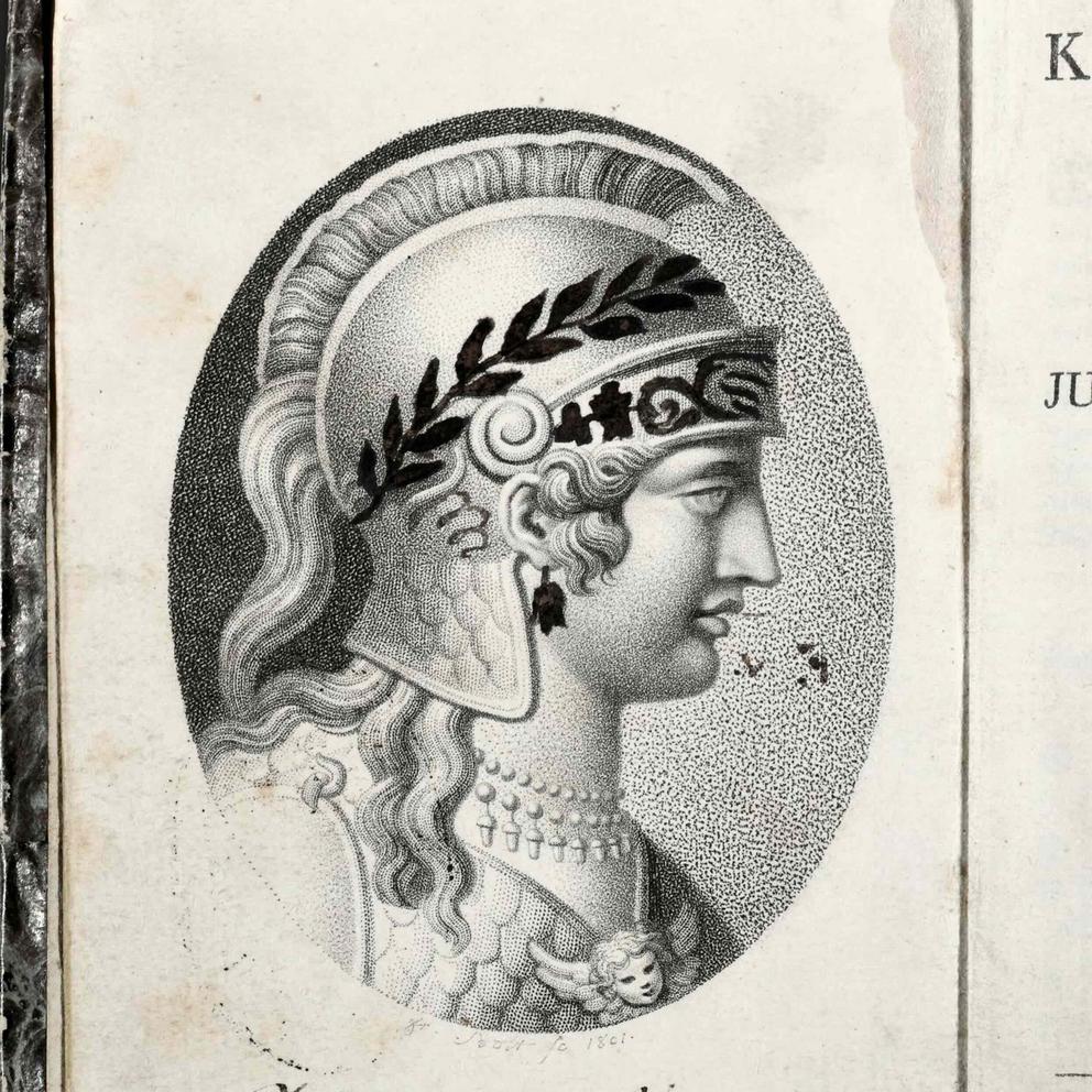 Das Bild zeigt das Frontispiz zur Ausgabe im Detail. Dazu noch einige nachträgliche Kritzeleien: Der Minerva-Abbildung wurden Ohrringe und Helmschmuck gemalt.