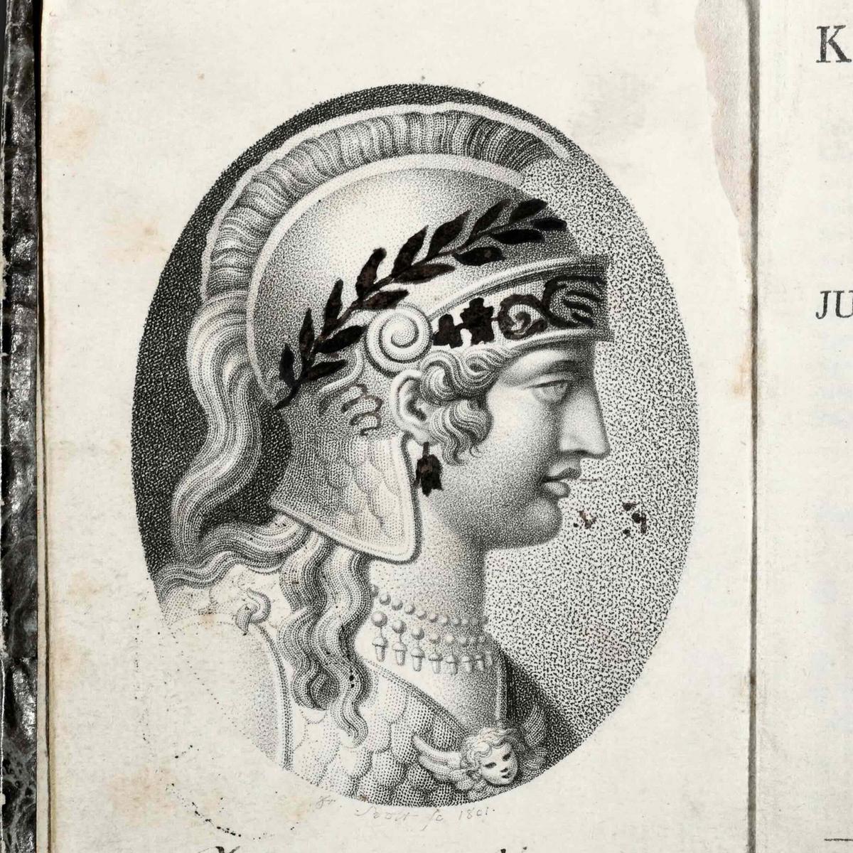 Das Bild zeigt das Frontispiz zur Ausgabe im Detail. Dazu noch einige nachträgliche Kritzeleien: Der Minerva-Abbildung wurden Ohrringe und Helmschmuck gemalt.