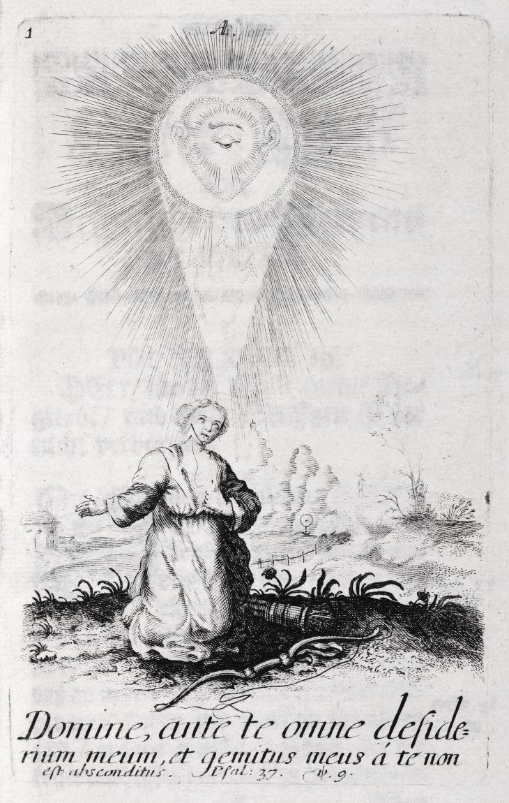 Die Abbildung zeigt einen Kupferstich aus Petersens "Herzens-Gesprächen mit Gott". Eine betende Frau wird vom göttlichen Herz überstrahlt.