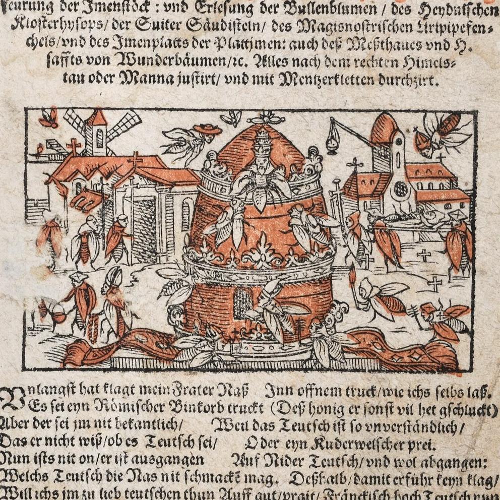 Die Abbildung zeigt die Vignette des Titelblatts: Einige Bienen mit Kardinals-, Bischofs- und Papstbekleidung