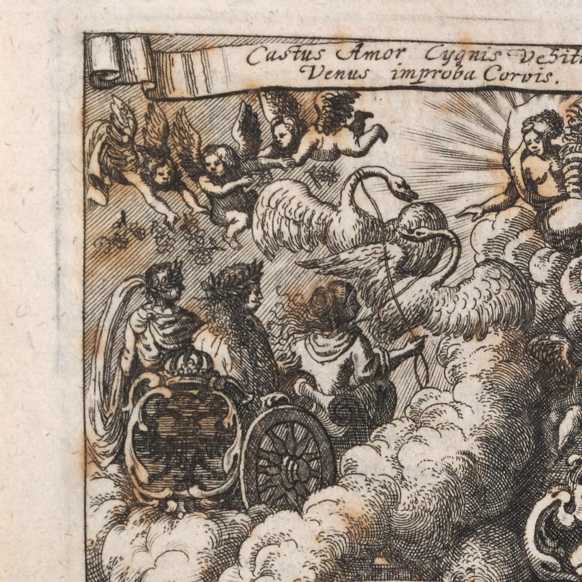 Details des Frontispiz. Leopold I. fährt mit seinen beiden Gemahlinnen Richtung Himmel.