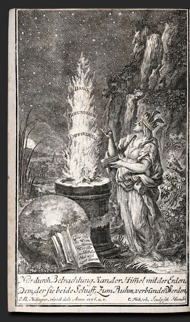 Die Abbildung zeigt das Frontispiz zu Band 5 von Brockes "Irdischem Vergnügen in Gott". Zu sehen ist eine Gestalt, die an einer Feuerschale steht, aus der verschiedene Begriffe in den Himmel aufsteigen: Dank, Bewunderung und Empfindung.