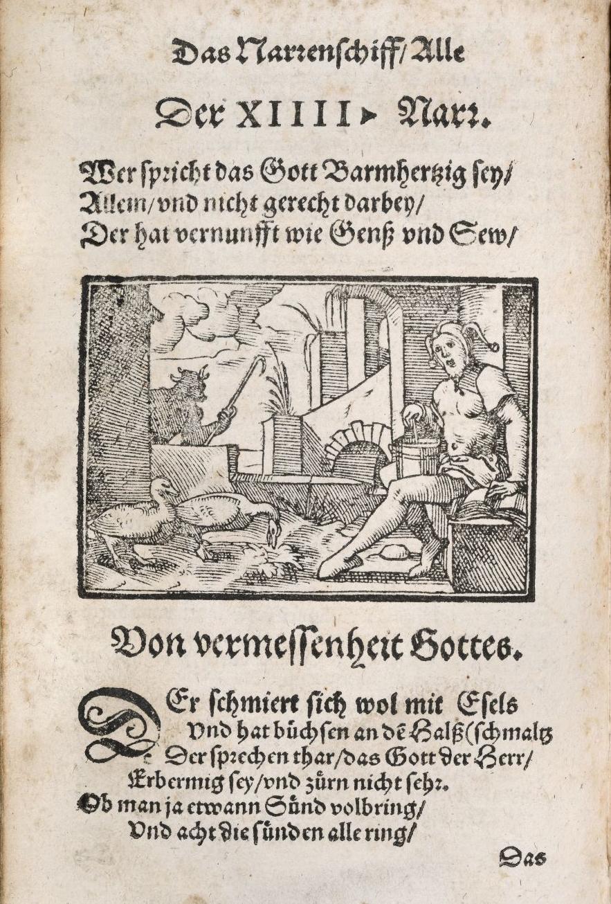 Das Bild zeigt eine Seite aus Brants Buch "Das Narrenschiff". Zu sehen ist ein Holzschnitt, auf dem ein Narr in einem Gänsestall abgebildet ist. Um die Ecke kommt eine Teufelsgestalt.