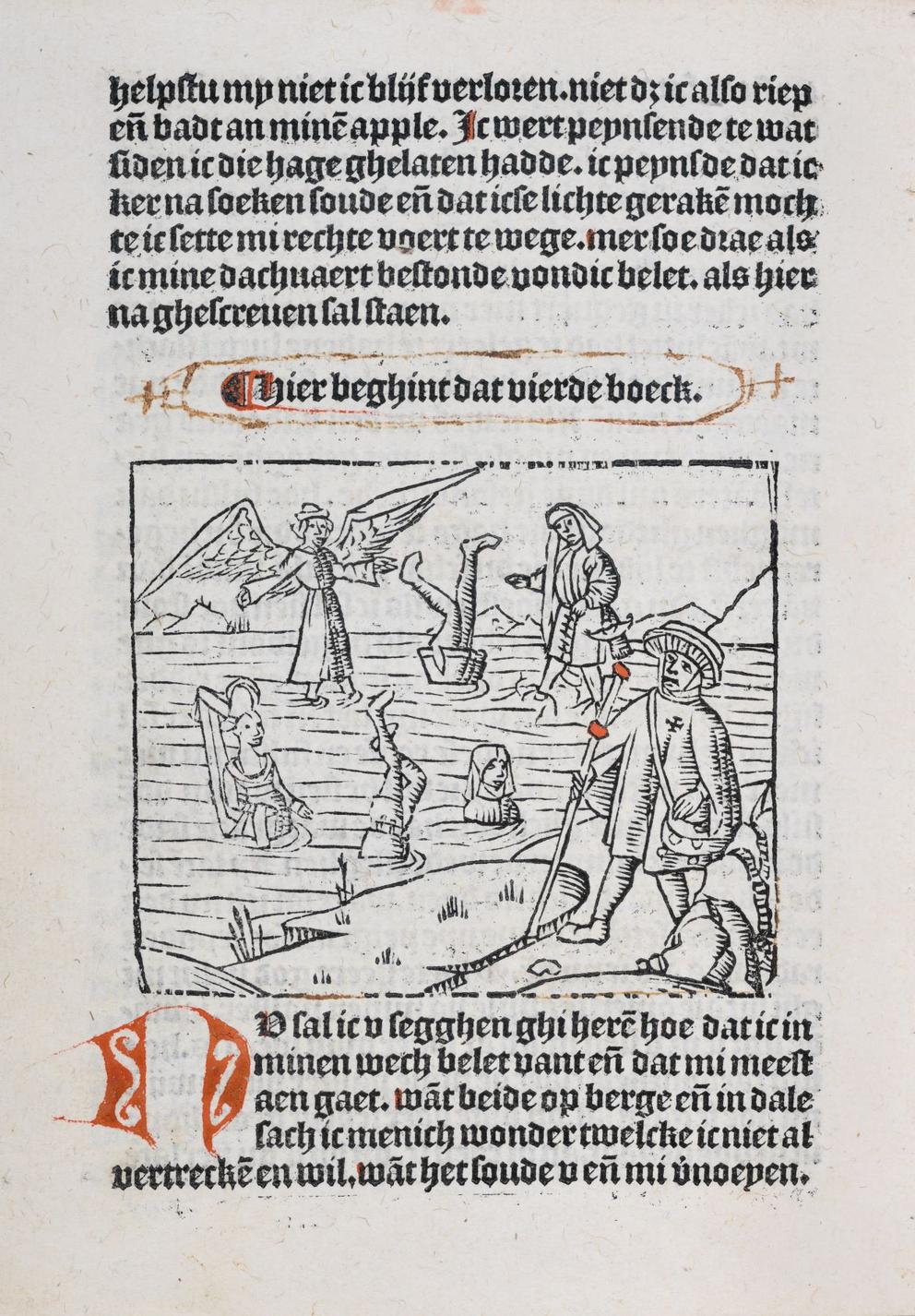 Das Bild zeigt eine Seite aus Guillaume de Déguilevilles Pilgerbuch. Zu sehen ist ein Holzschnitt, der den Pilger an einem Gewässer stehend zeigt. Im Wasser baden allerlei kuriose Figuren. Teilweise sieht man nur ihre Beine aus dem Wasser hervorragen.