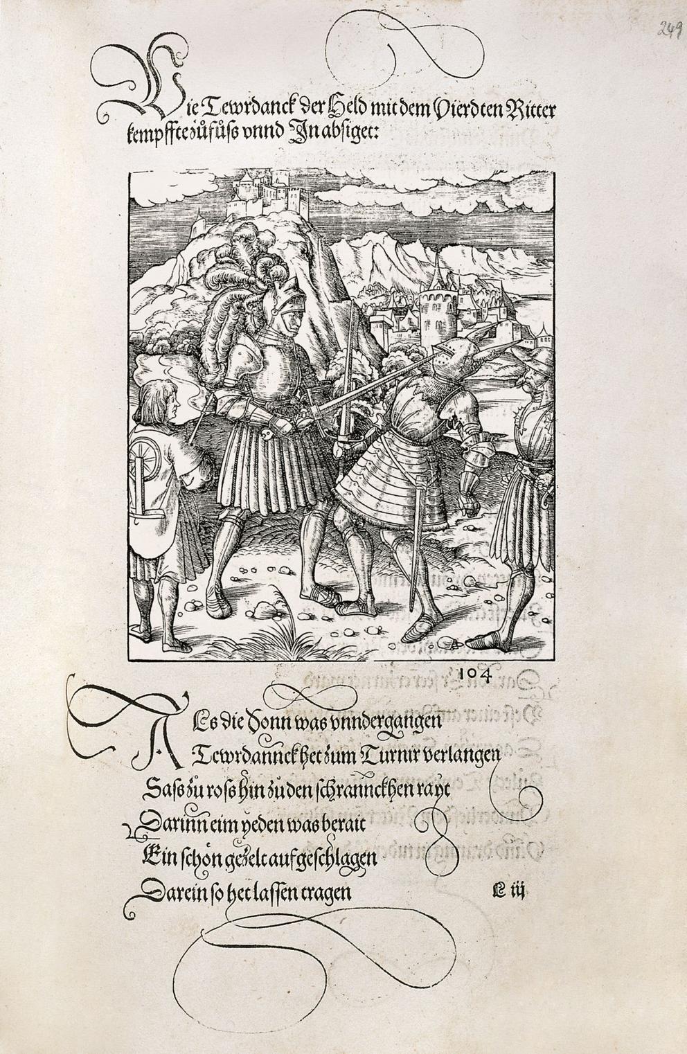 Das Bild zeigt eine Seite aus dem "Teuerdank" Maximilians des Ersten. Zu sehen sind zwei kämpfende Ritter.