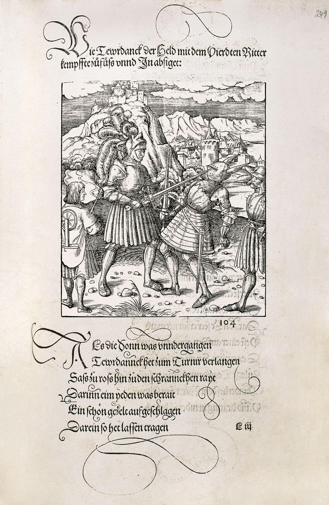 Das Bild zeigt eine Seite aus dem "Teuerdank" Maximilians des Ersten. Zu sehen sind zwei kämpfende Ritter.