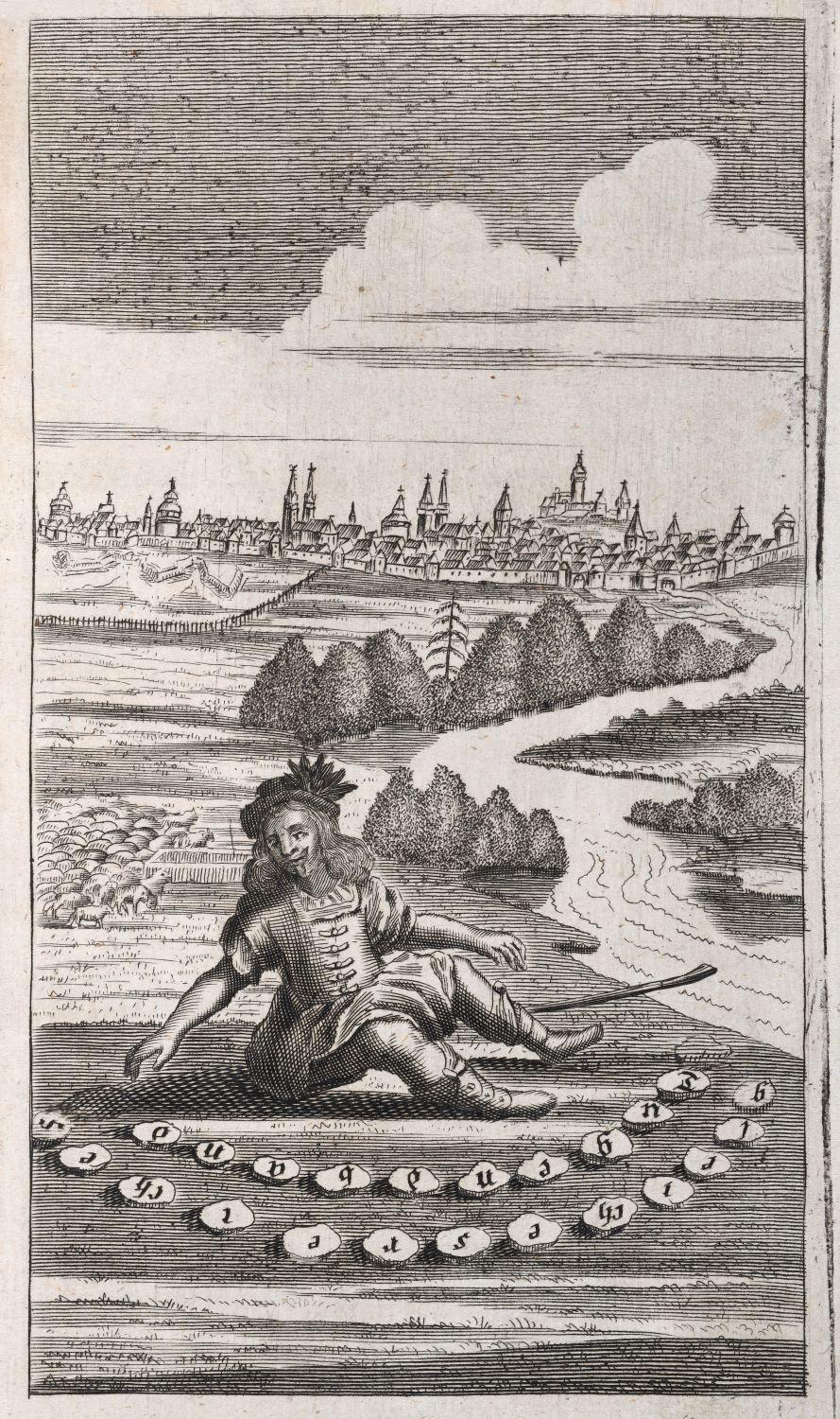 Der Kupferstich stellt Georg Philipp Harsdörffer in kindlicher Haltung vor Nürnberg sitzend dar. Harsdörffer wird hier beim Spielen mit Steinen gezeigt, die mit Buchstaben beschrieben sind.