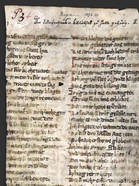 Das Bild zeigt das Fragment einer mittelalterlichen Handschrift aus dem 14. Jahrhundert.