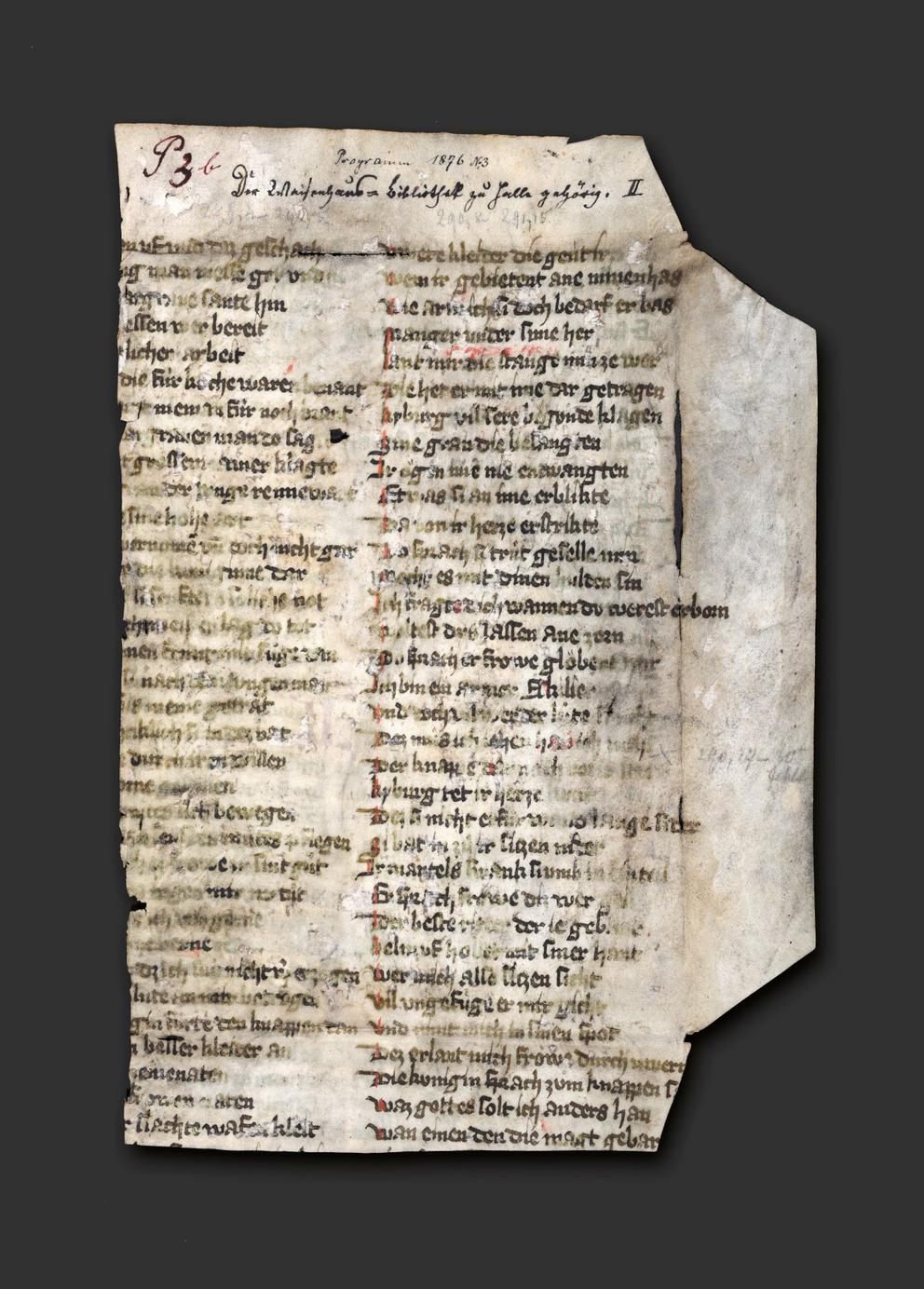 Das Bild zeigt das Fragment einer mittelalterlichen Handschrift aus dem 14. Jahrhundert.