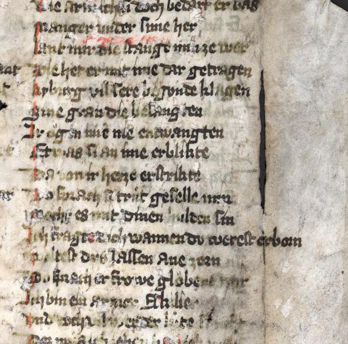 Das Bild zeigt das Fragment einer mittelalterlichen Handschrift aus dem 14. Jahrhundert.