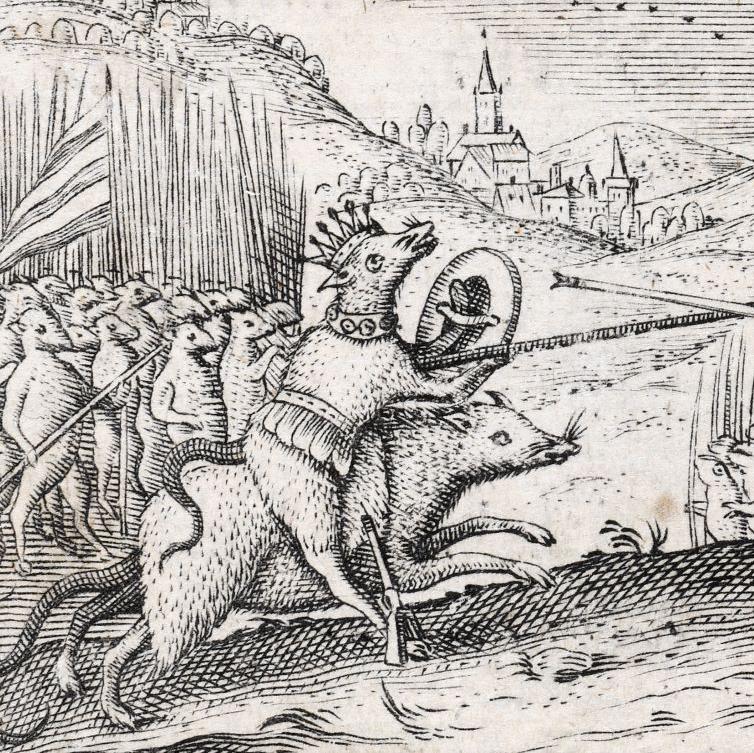 Die Abbildung ist ein Detail des Titelblattes zur "Froschmeuseler"-Ausgabe von 1618. Zu sehen sind Frosch- und Mäusekönig, die mit ihren Heeren in den Krieg gegeneinander ziehen.