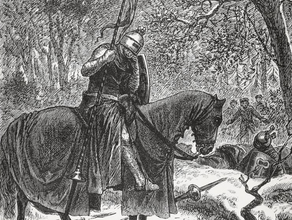 Die Abbildung zeigt eine Illustration aus Osterwalds Band. Es handelt sich um ein Bild zur Parzival-Geschichte. Gekleidet als Ritter, sitzt Parzival auf einem Pferd und blickt auf einen schneebedeckten Boden, inmitten eines winterlichen Waldes.