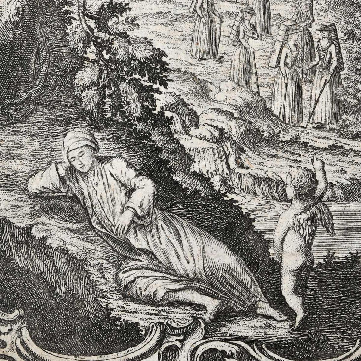 Die Abbildung zeigt ein Detail des Frontispiz zu Krügers Träumen. Zu sehen ist ein in der Natur liegender Träumender.