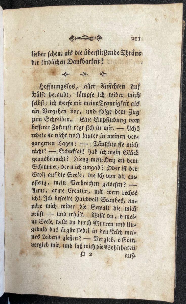 Die Abbildung zeigt eine unbebilderte Seite aus dem Roman "Das Fräulein von Sternheim". Die Protagonistin schildert auf der Seite den dritten Monat ihrer Gefangenschaft.