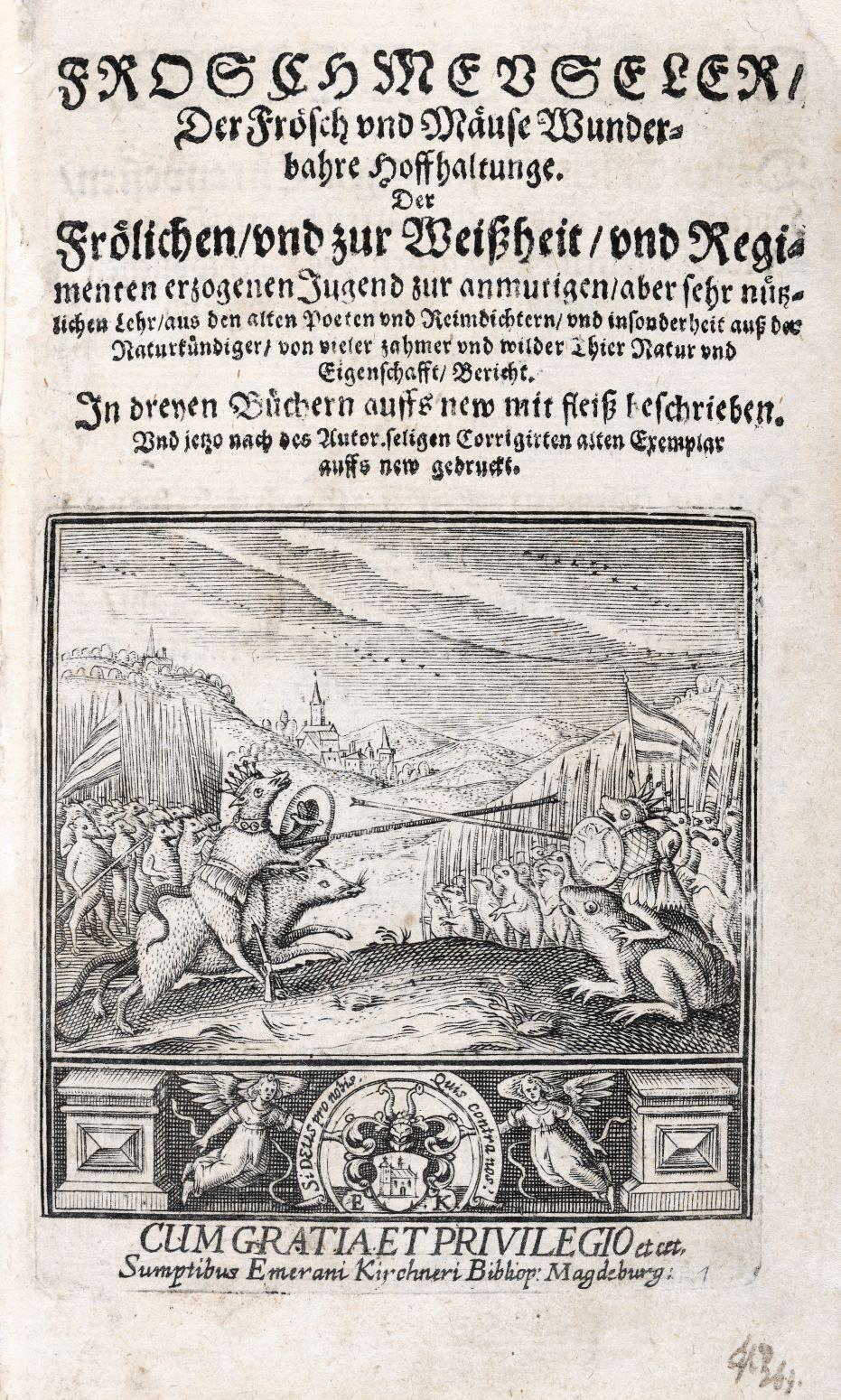 Das Bild stellt die Titelseite von Rollenhagens "Froschmeuseler" dar. Auf einem Holzschnitt ist der Kampf zwischen dem Mäusekönigreich und dem Froschkönigreich abgebildet.